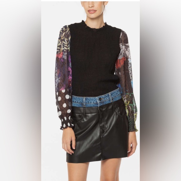 Desigual Tops - DESIGUAL Sheer Black Floral Sleeve Top size small
